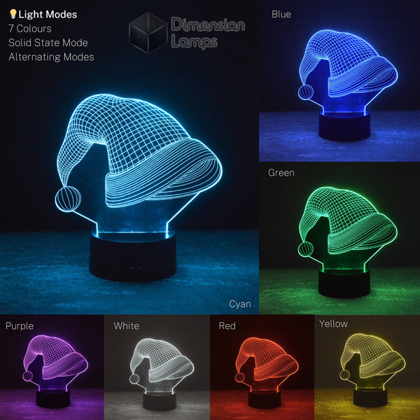 Santa Hat 3D Lamp colour variations for festive decor: blue, green, cyan, purple, white, red, and yellow. Steady and changing light mode options, christmas decoration.