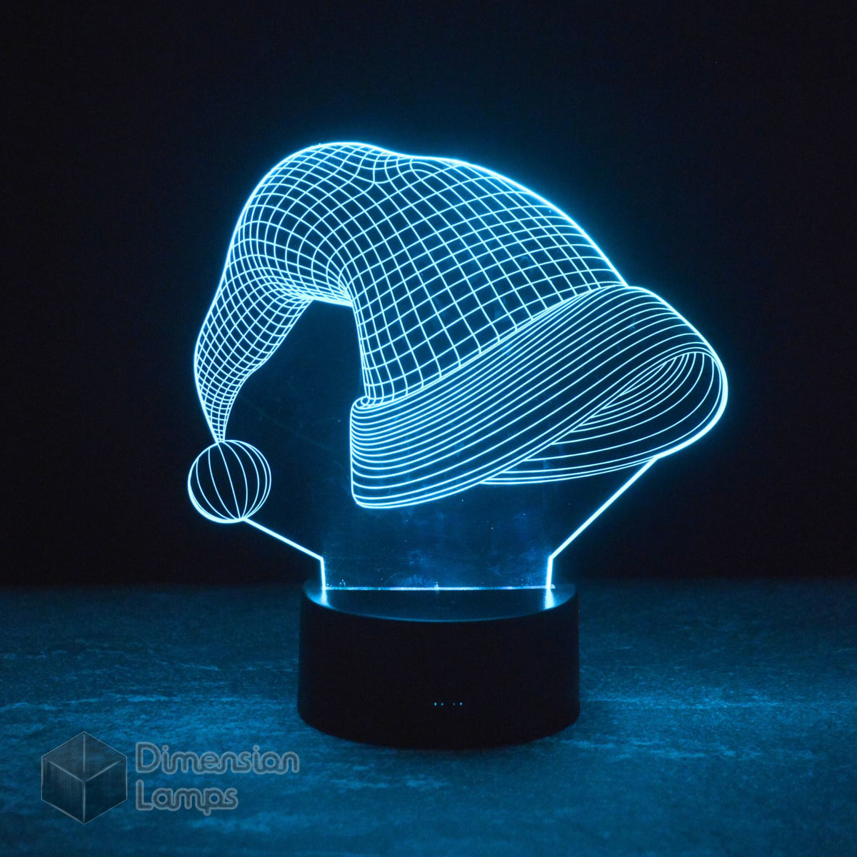 This Santa Hat 3D lamp, a unique Christmas lighting option in Australia, emits a bright cyan glow, showcasing the iconic Santa hat design. 