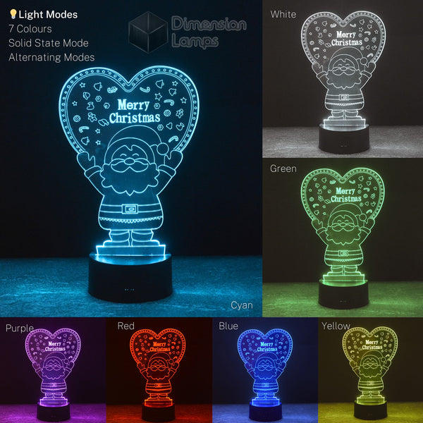 Santa Heart 3D illusion lamp colour variations for Christmas decor: a collage showing seven colour options for this festive light featuring Santa holding a "Merry Christmas" heart. 