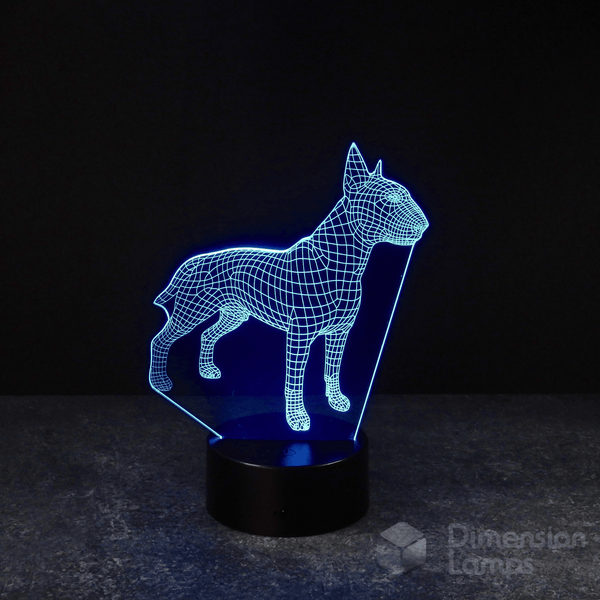 A 3D dog lamp  of a Bull Terrier, highlighting its strong physique and elongated, curved head, wireframe is vividly lit in blue against a dark background, standing on a black base. A contemporary gift for Bull Terrier owners and dog admirers in Australia. 