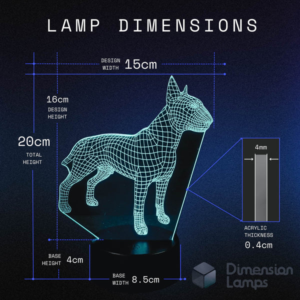 Bull Terrier 3D lamp dimensions for dog lovers: design width 15cm, total height 20cm, design height 16cm, acrylic thickness 0.4cm, base height 4cm, and base width 8.5cm. A unique gift for Bull Terrier owners in Australia.