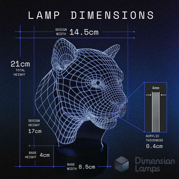 Measurements for a Panther 3D lamp, a stylish 3d night lamp and awesome gift idea for teenagers: design width 14.5cm, total height 21cm, design height 17cm, base 4cm high and 8.5cm wide, 0.4cm acrylic thickness.