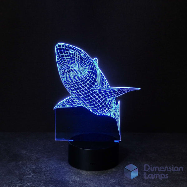 Blue illuminated Shark 3D illusion lamp, a cool 3d night lamp and unique gift for teenagers and shark enthusiasts in Australia.