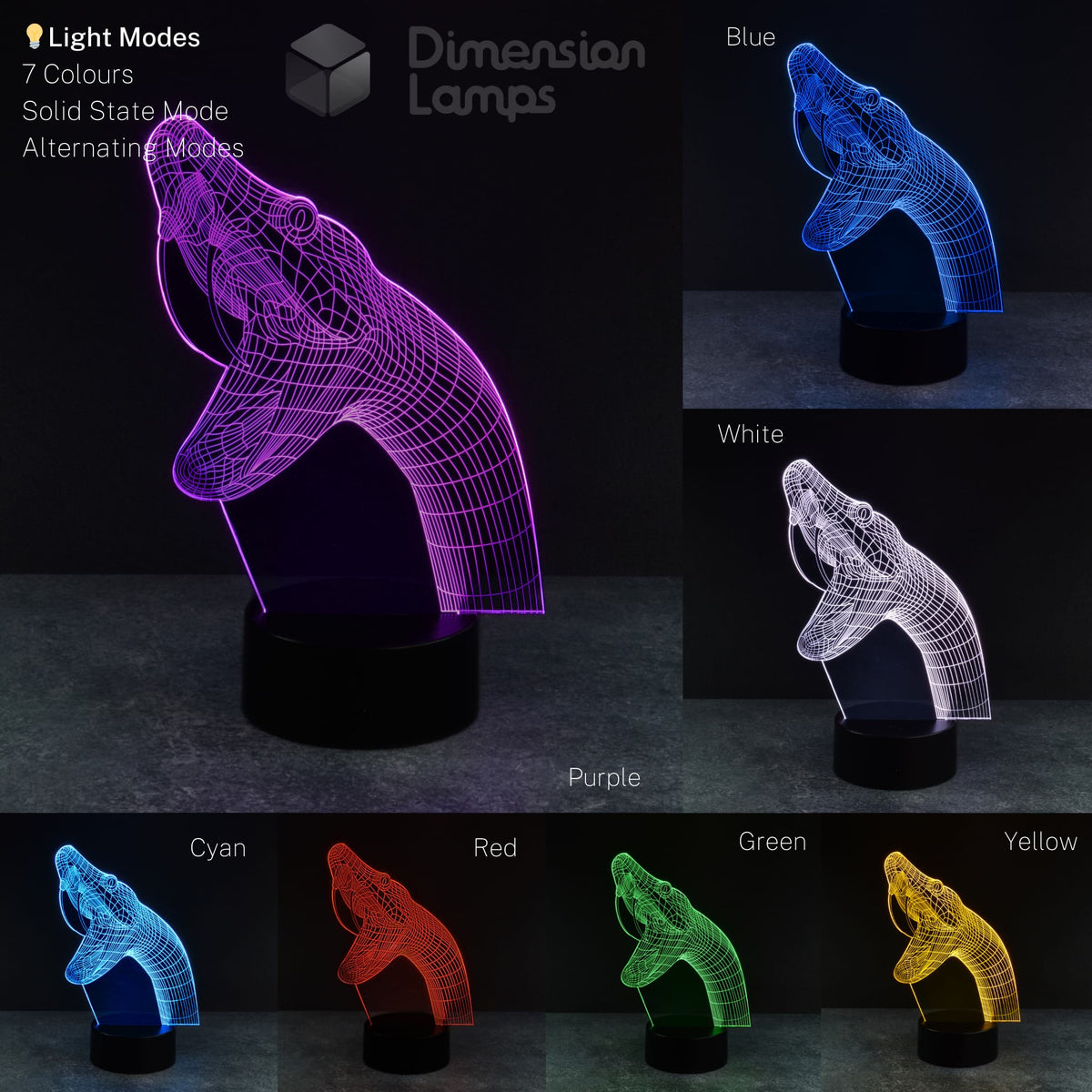 A 3D lamp in the form of a striking snake with a wireframe design is presented in a collage, showcasing its seven colour options against a dark background. This unique 3d night lamps option is a thoughtful gift for reptile lovers.