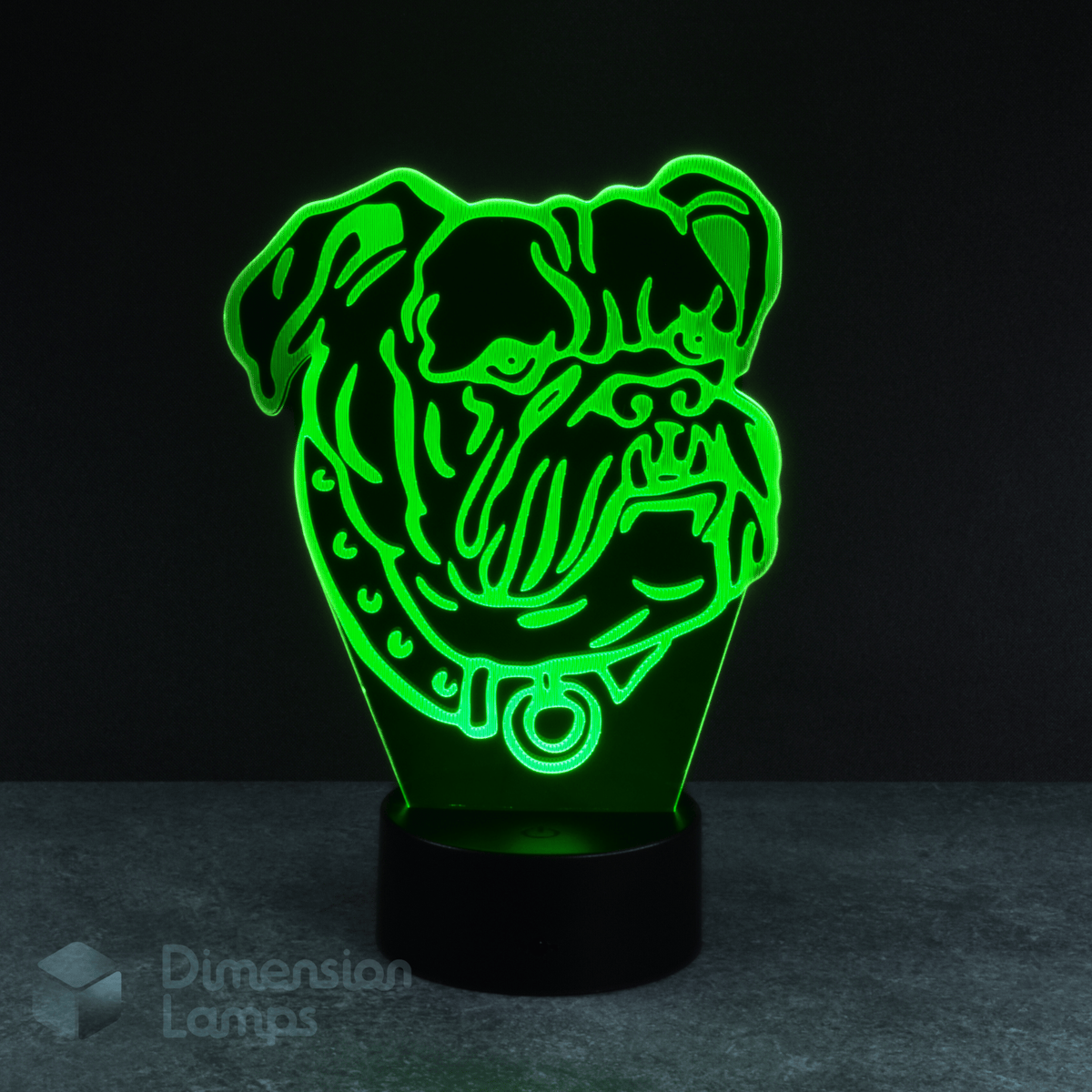 Green bulldog 3d night lamps: green illumination of a detailed laser-etched bulldog head with a collar on a lamp, rising from a black base against a dark background. A thoughtful gift idea for dog lovers and bulldog owners.