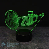 A 3D optical illusion lamp of a trumpet in glowing green wireframe lines, on a round black base against a dark background. Trumpeter gift idea. 