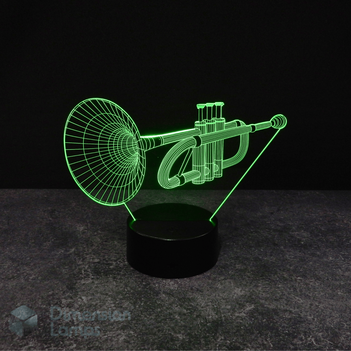 A 3D lamp, illuminated in green, displays a detailed wireframe outline of a trumpet. It stands on a black circular base against a dark, slightly textured background. This unique lighting piece is a thoughtful gift idea for trumpeters and other brass players in Australia.