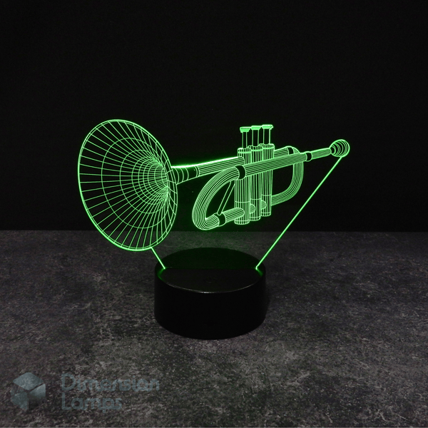 A 3D lamp, illuminated in green, displays a detailed wireframe outline of a trumpet. It stands on a black circular base against a dark, slightly textured background. This unique lighting piece is a thoughtful gift idea for trumpeters and other brass players in Australia.