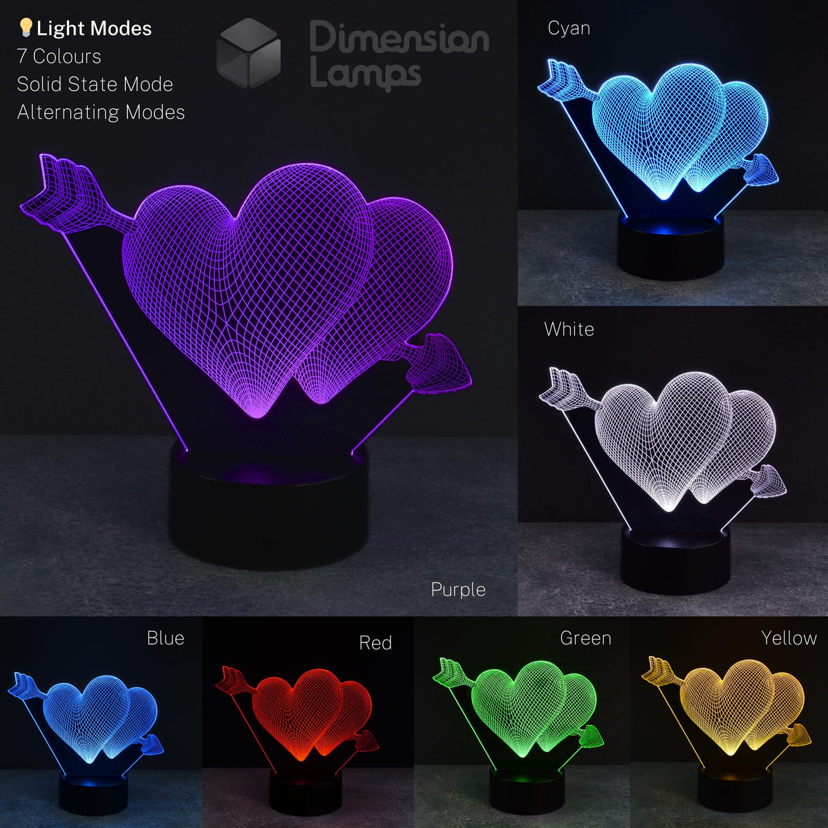Hearts and arrow 3d night lamps colour options: a collage presents the love-themed design illuminated in purple, cyan, white, blue, red, green, and yellow, each on a black base, showcasing the ambient lighting choices. A thoughtful gift for girls. 