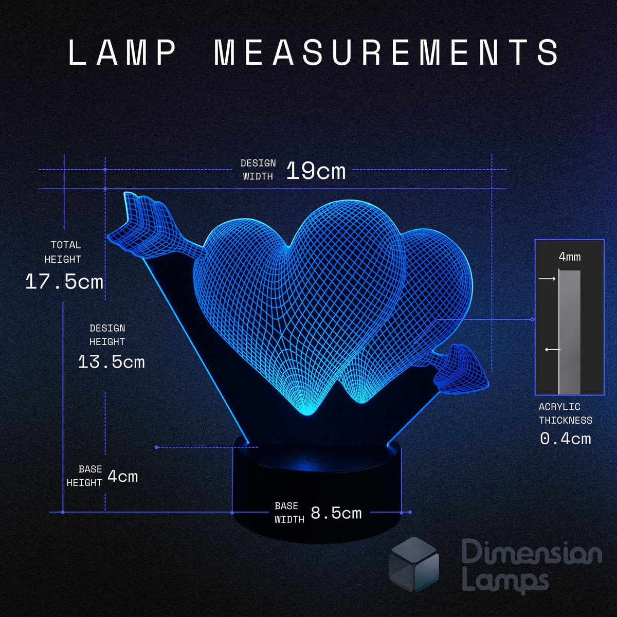 Nightlight size specifications for a heart-themed design: A 3D hearts and arrow lamp has a design width of 19cm, design height of 13.5cm, total height of 17.5cm, acrylic thickness of 0.4cm, and a base width of 8.5cm. A charming 3d night lamps option for a girl's room. 