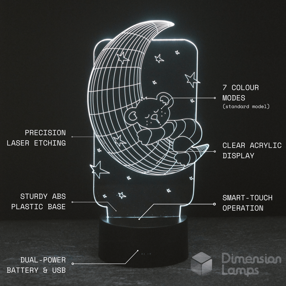 Features of the Teddy Moon 3D Lamp: 7 colour modes, precision laser etching of a teddy bear on a moon, clear acrylic display, sturdy ABS plastic base, smart-touch operation, and dual power via battery and USB. Ideal as a calming nightlight in Australia.