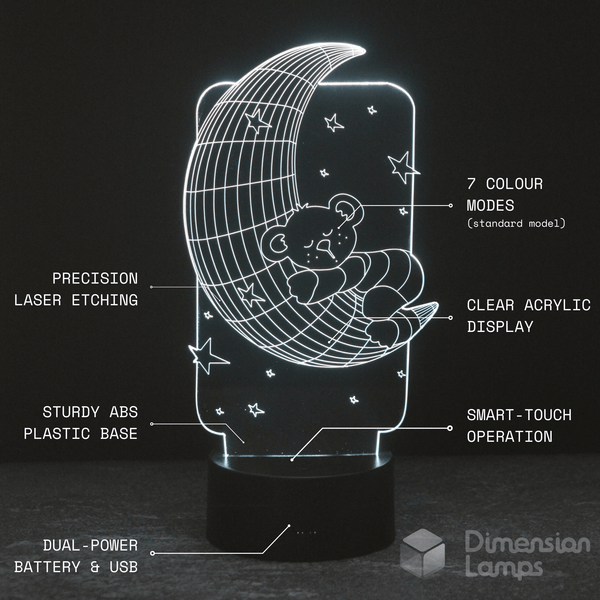 Features of the Teddy Moon 3D Lamp: 7 colour modes, precision laser etching of a teddy bear on a moon, clear acrylic display, sturdy ABS plastic base, smart-touch operation, and dual power via battery and USB. Ideal as a calming nightlight in Australia.