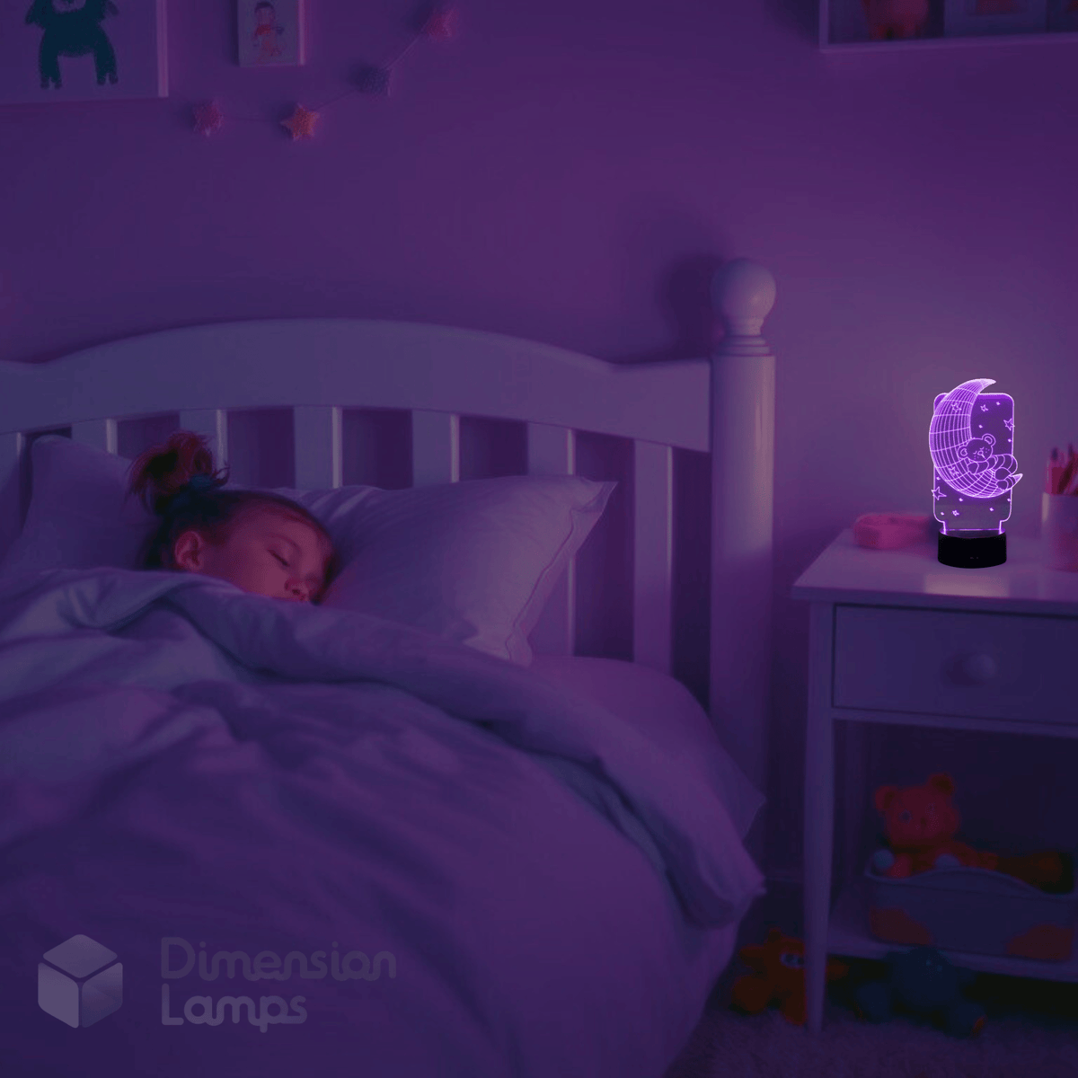 A child's bedroom scene with a Teddy Moon 3D illusion lamp emitting a gentle purple light, functioning as a comforting and decorative nightlight.