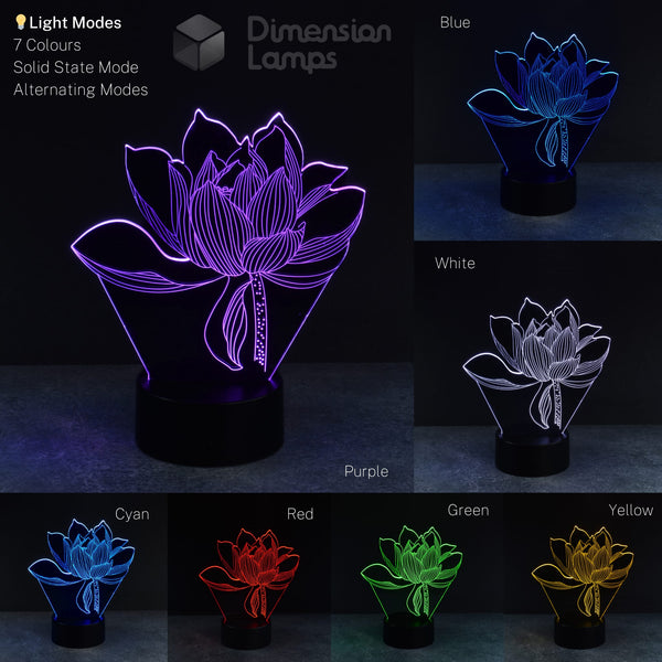 Lotus flower 3d night lamps colour options: a collage presents the serene floral design illuminated in purple, blue, white, cyan, red, green, and yellow, each on a black base, showcasing the ambient lighting choices. A thoughtful gift idea.