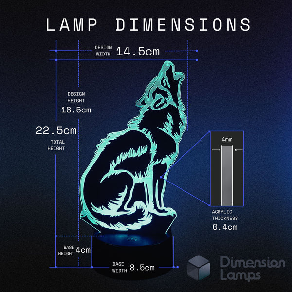 Measurement guide for a 3D faceted howling wolf lamp: design width 14.5cm, total height 22.5cm, design height 18.5cm, base height 4cm, base width 8.5cm, and acrylic thickness 0.4cm. Unique man cave lighting option in Australia. 