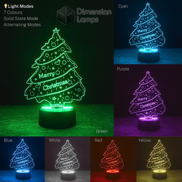 Merry Christmas Tree 3D Lamp colour variations for festive lighting: green, cyan, purple, red, blue, white, and yellow. Steady and changing light mode options by Dimension Lamps