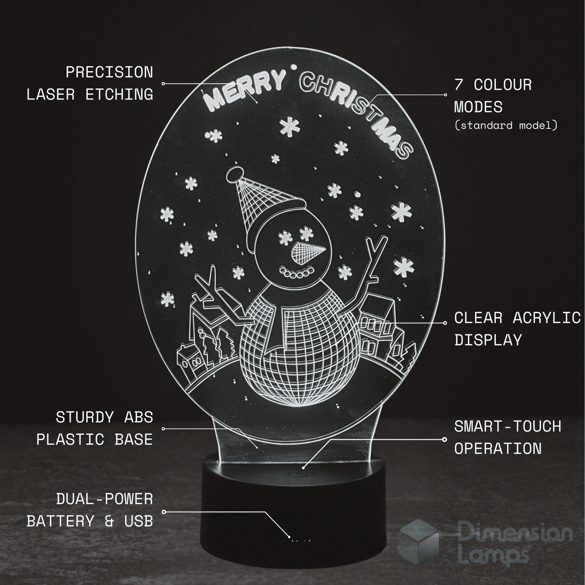 Merry Christmas Snowman 3D Lamp features for holiday decor: precision laser etching of the snowman and "Merry Christmas" text, 7 colour modes, clear acrylic display, strong ABS plastic base, smart touch operation, and versatile battery and USB power options. 