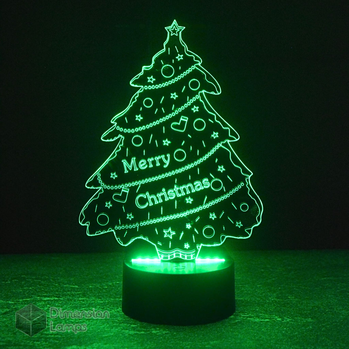 Merry Christmas Tree 3D lamp: green festive lighting. Features "Merry Christmas" text and incorporated holiday icons, ideal for seasonal illumination.