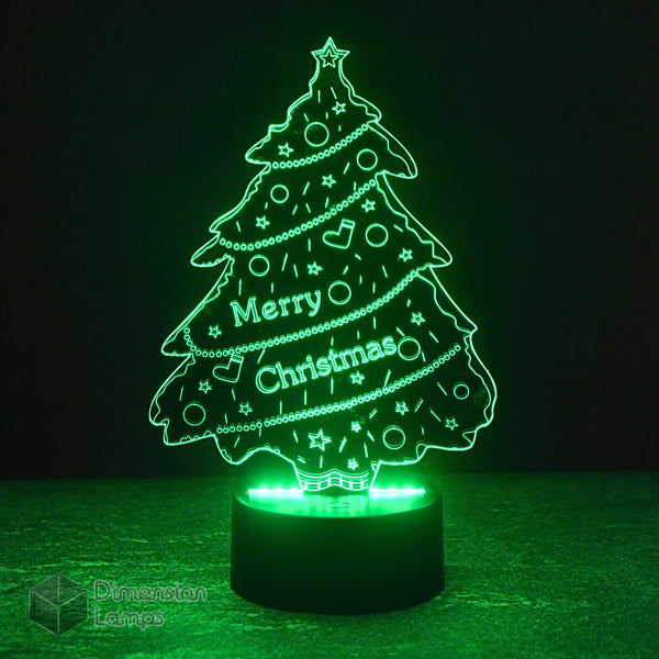 Merry Christmas Tree 3D lamp: green festive lighting. Features "Merry Christmas" text and incorporated holiday icons, ideal for seasonal illumination.