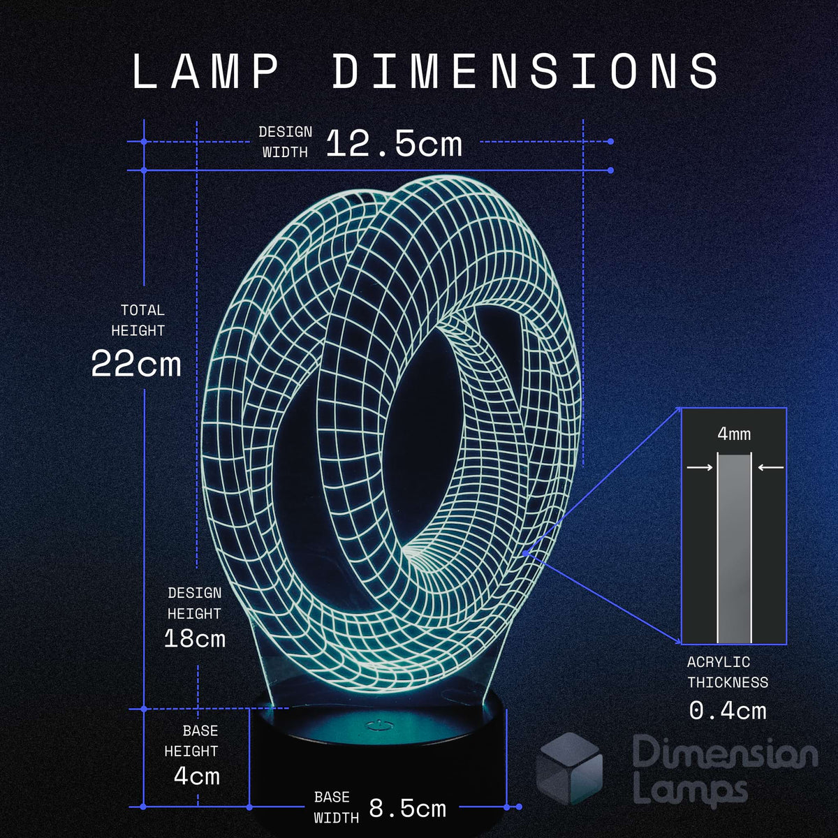 Mobius strip 3d night lamps dimensions: design width 12.5cm, total height 22cm, design height 18cm, acrylic thickness 0.4cm, base height 4cm, and base width 8.5cm. A thoughtful item for Marvel Avengers Endgame fans in Australia.