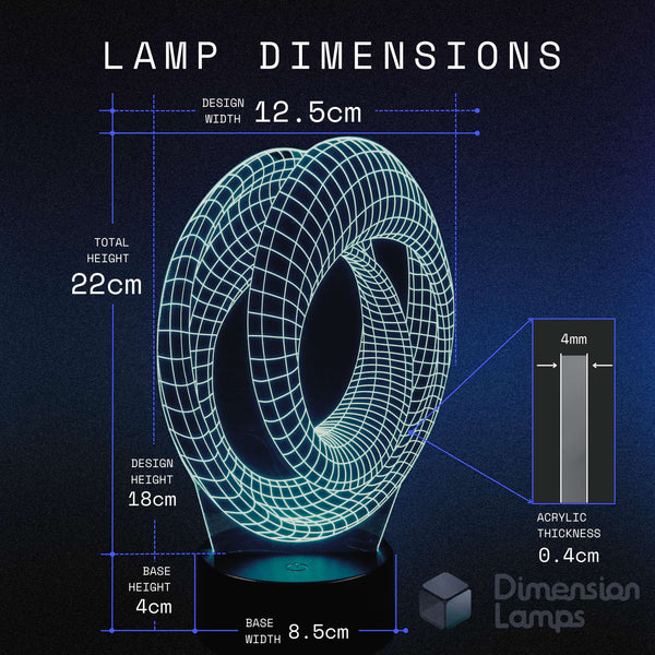 Mobius strip 3d night lamps dimensions: design width 12.5cm, total height 22cm, design height 18cm, acrylic thickness 0.4cm, base height 4cm, and base width 8.5cm. A thoughtful item for Marvel Avengers Endgame fans in Australia.