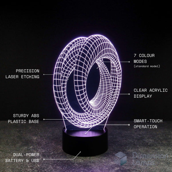 Nightlight features: The 3D Mobius strip lamp boasts precision laser etching, 7 colour settings, a clear acrylic display, a sturdy ABS plastic base, smart touch controls, and dual power options. A distinctive item reminiscent of Marvel Avengers Endgame.