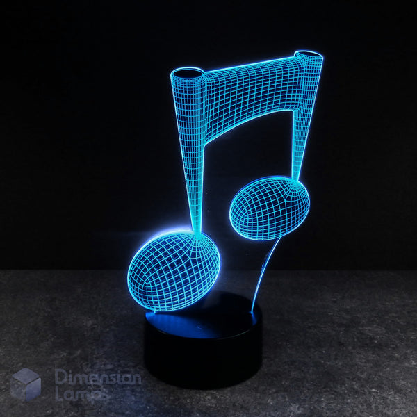 Musical note 3d night lamps: blue illumination of a detailed wireframe quaver note on a lamp, rising from a black base against a dark background. A thoughtful gift idea for musicians and music fans. 