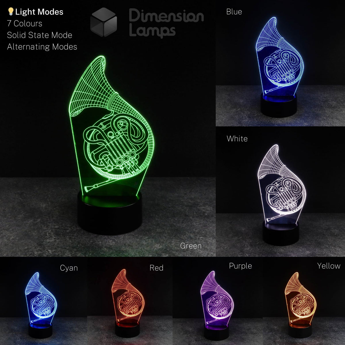 A visual overview of the 3D French horn illusion lamp, a captivating 3d night lamps option and a distinctive gift idea for musicians, presenting its available colours in a collage: green, blue, white, cyan, red, purple, and yellow, each on a black base against a dark background, free delivery in Australia.