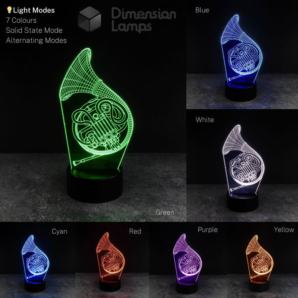 A visual overview of the 3D French horn illusion lamp, a captivating 3d night lamps option and a distinctive gift idea for musicians, presenting its available colours in a collage: green, blue, white, cyan, red, purple, and yellow, each on a black base against a dark background, free delivery in Australia.