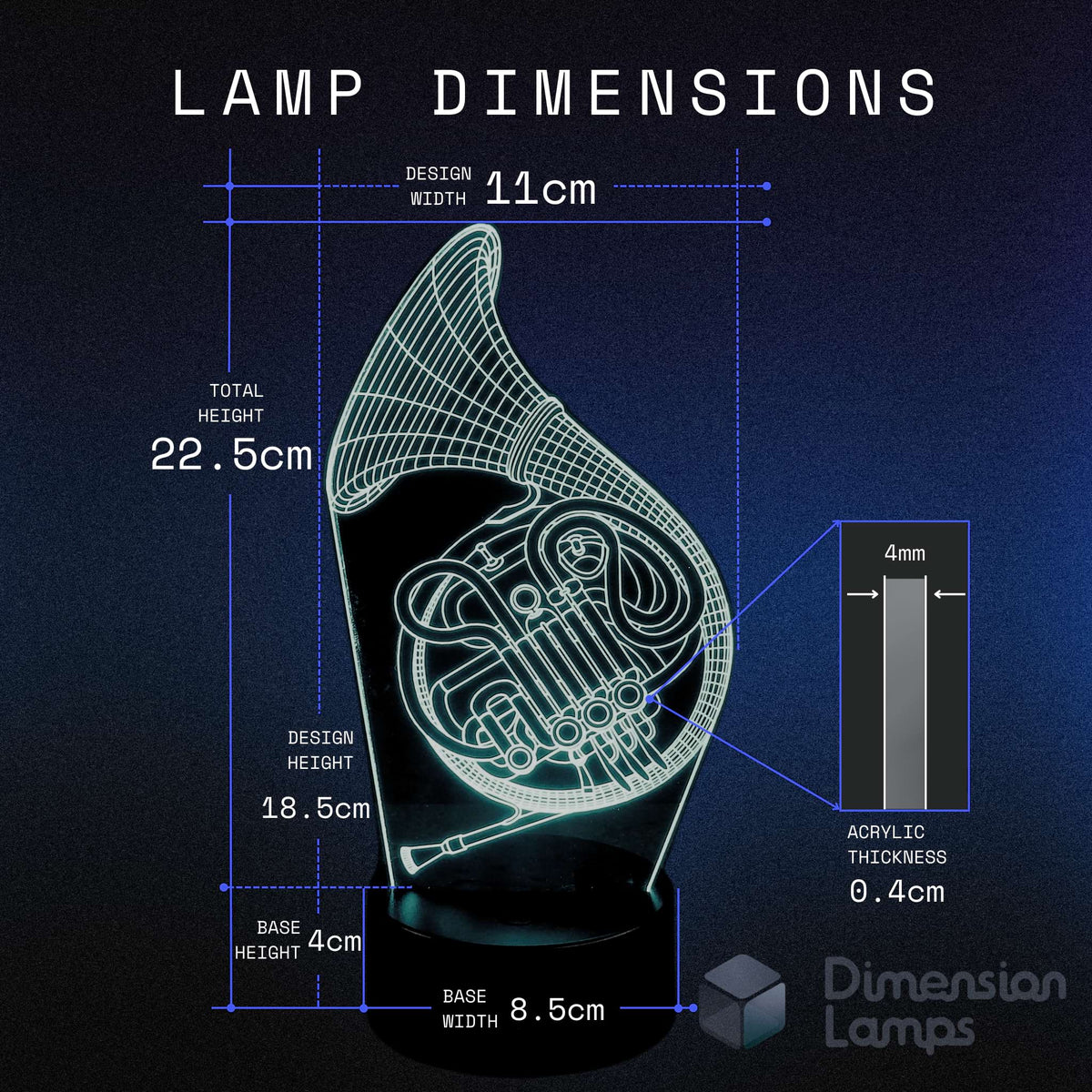 Dimensions of the 3D French horn lamp: design width 11cm, total height 22.5cm, design height 18.5cm, acrylic thickness 0.4cm, base height 4cm, and base width 8.5cm. A unique gift for brass players and hornists. 