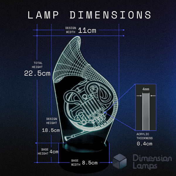 Dimensions of the 3D French horn lamp: design width 11cm, total height 22.5cm, design height 18.5cm, acrylic thickness 0.4cm, base height 4cm, and base width 8.5cm. A unique gift for brass players and hornists. 