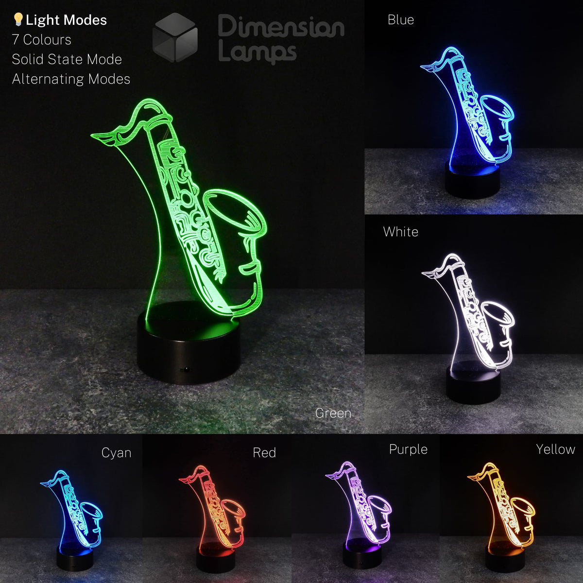 Colour options 3D LED illusion lamp in the shape of a saxophone. Brass musical instrument novelty gift.