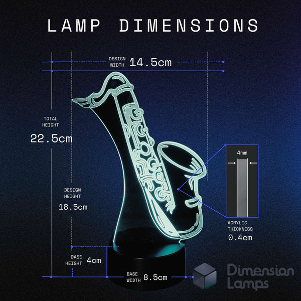 Saxophone 3d night lamps dimensions: design width 14.5cm, total height 22.5cm, design height 18.5cm, acrylic thickness 0.4cm, base height 4cm, and base width 8.5cm. A thoughtful gift idea for saxophonists, musicians, and jazz fans.