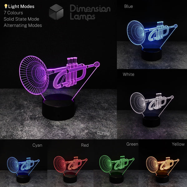 Trumpet 3d night lamps with seven colour modes: A collage provides a visual guide to the ambient lighting possibilities of this lamp, a thoughtful gift for brass players. The trumpet outline glows in purple, blue, white, cyan, red, green, and yellow.