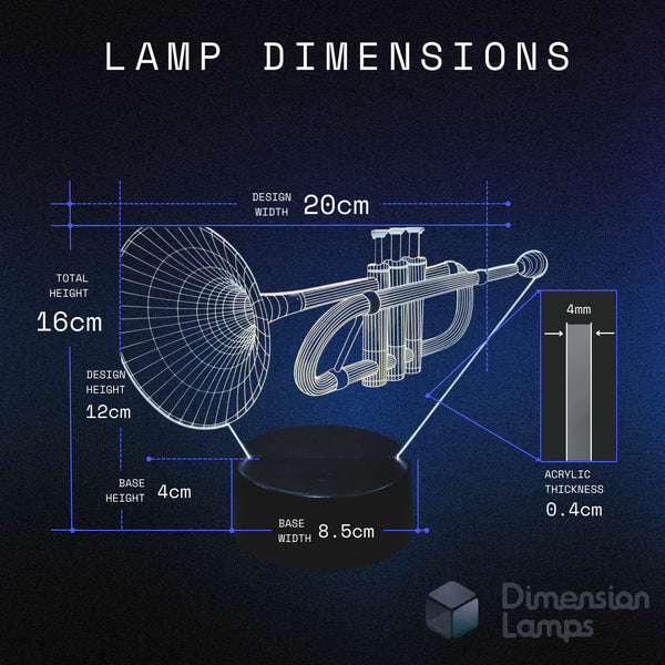 Detailed sizing information for the 3D trumpet lamp is accurately presented in this technical diagram. The design width is 20cm, total height is 16cm, design height is 12cm, the acrylic thickness is 0.4cm, the base height is 4cm, and the base width is 8.5cm. This helps musicians and brass players understand the product size accurately. 