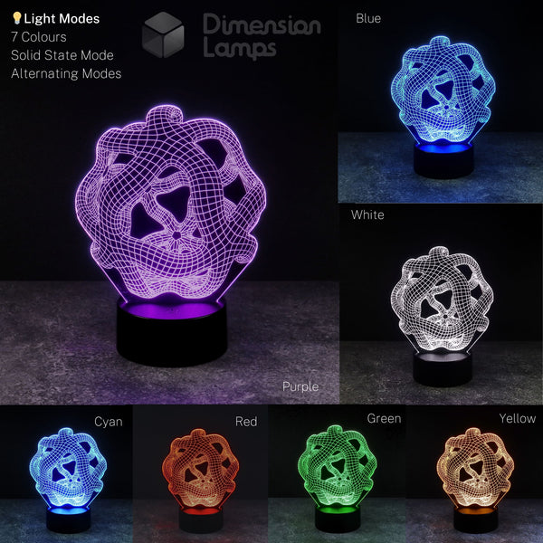 Warped reality 3d night lamps features: precision laser etching of the abstract geometric form, 7 colour modes, clear acrylic display, sturdy ABS plastic base, smart-touch operation, and dual power via battery or USB. A unique night light or study aid.