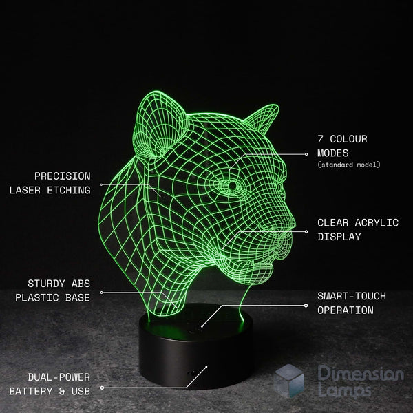 Detailed description of the 3D panther head illusion lamp features for teenagers: precision laser etching of the animal's design, seven colour modes, clear acrylic display, sturdy ABS plastic base, smart-touch operation, and dual power capability using batteries or USB.