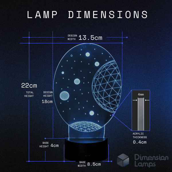 Dimensions of the Planets 3D Lamp, a space lamp for kids in Australia: design width 13.5cm, total height 22cm, design height 18cm, acrylic thickness 0.4cm, base height 4cm, and base width 8.5cm.