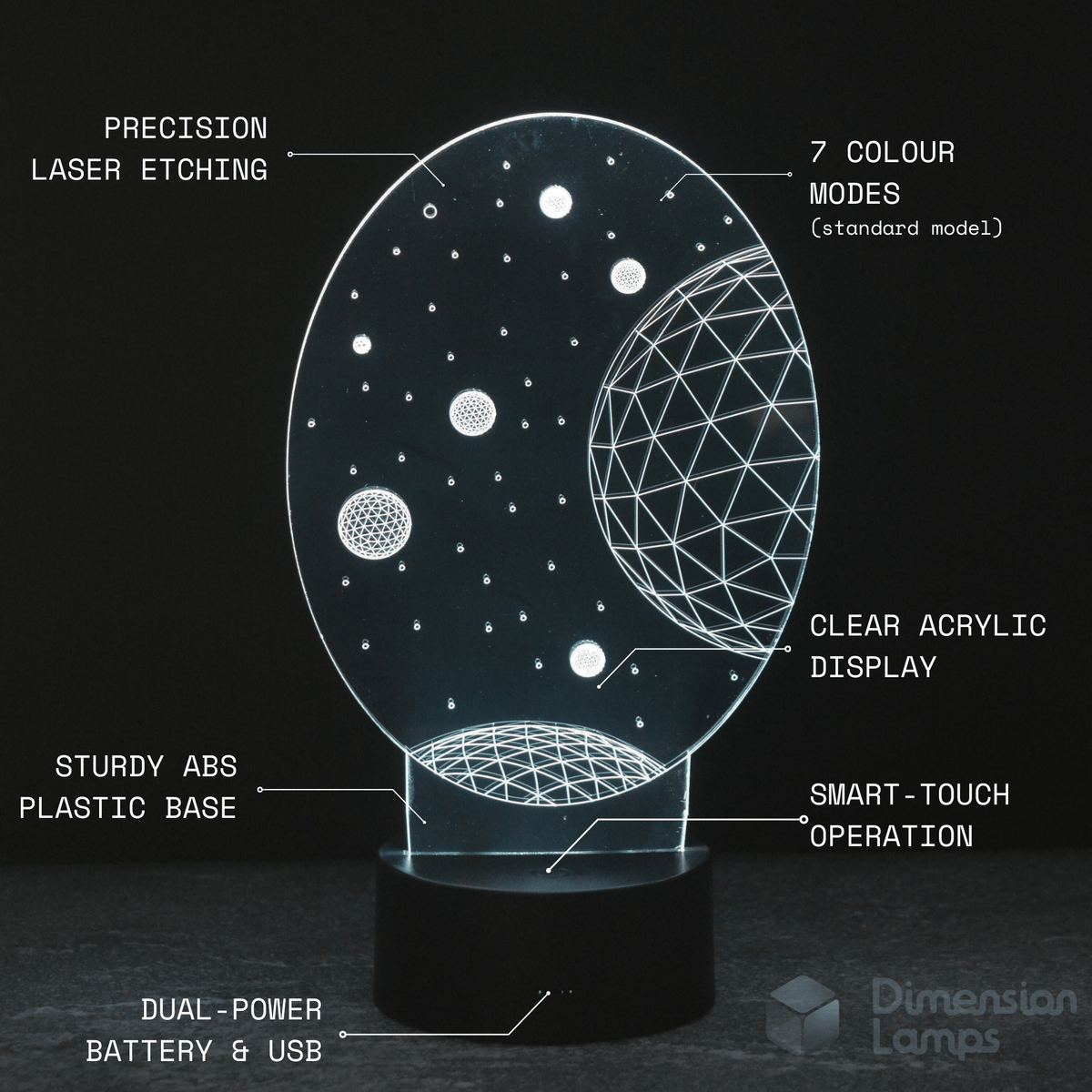 Nightlight features of the Planets 3D Lamp for kids include 7 colour settings, precision laser etching of the space design, clear acrylic display, durable ABS plastic base, smart touch controls, and both battery and USB power sources