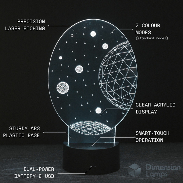Nightlight features of the Planets 3D Lamp for kids include 7 colour settings, precision laser etching of the space design, clear acrylic display, durable ABS plastic base, smart touch controls, and both battery and USB power sources