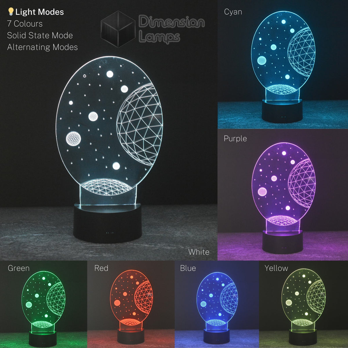 Planets 3D Lamp colour variations for kids' space theme: This image features a collage showing the night light in cyan, purple, white, green, red, blue, and yellow. Also depicted are the solid and alternating light mode options.