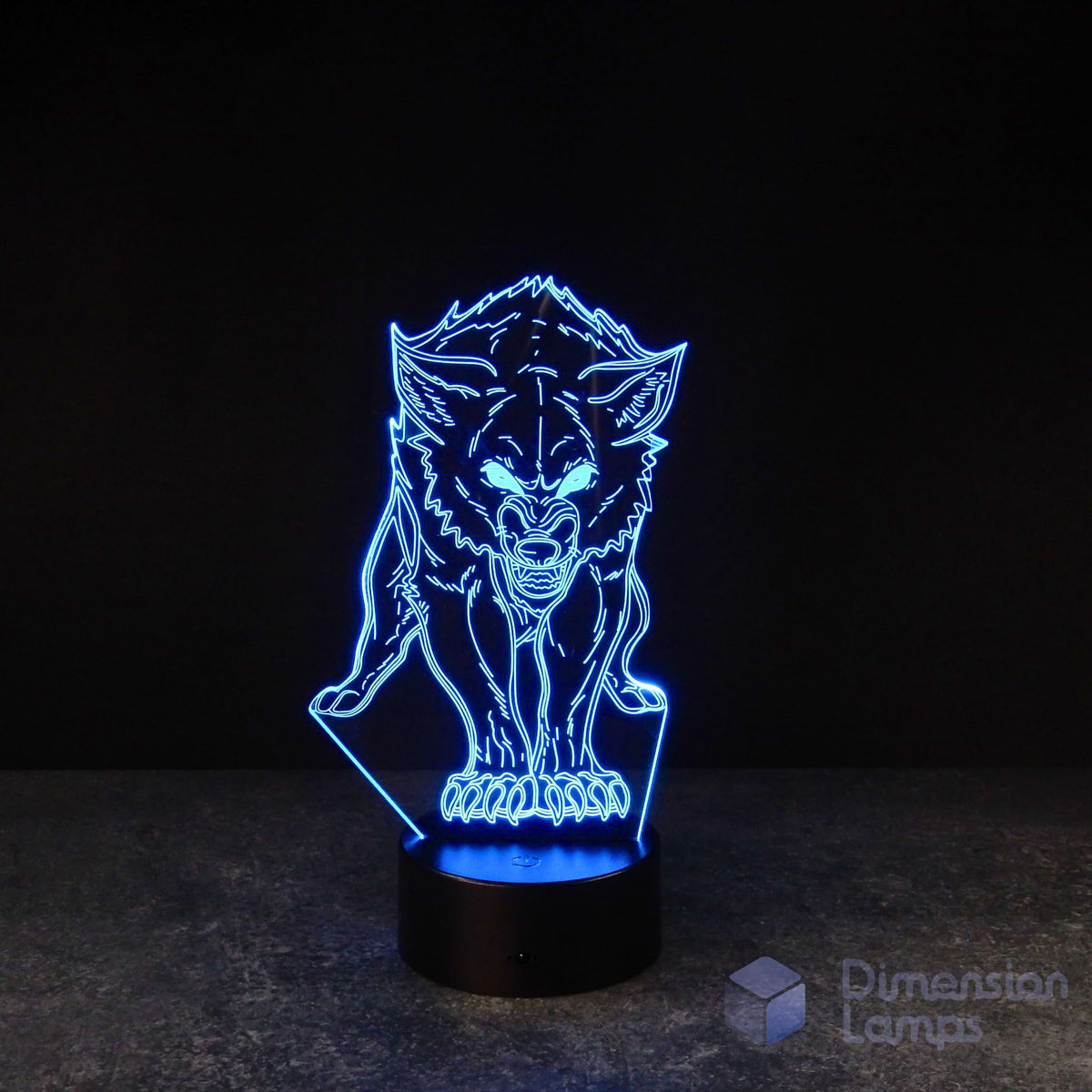 Detailed wolf 3D lamp: blue wireframe design of a wolf with glowing eyes and visible teeth, standing on a patterned base against a dark background. A cool gift for teens' room decor in Australia. 