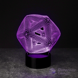 A purple illuminated 3D lamp in the shape of an icosahedron, a geometric form composed of twenty triangular surfaces, displayed on a black base against a dark background. This functions as both a unique study aid and a contemporary office lamp option in Australia.
