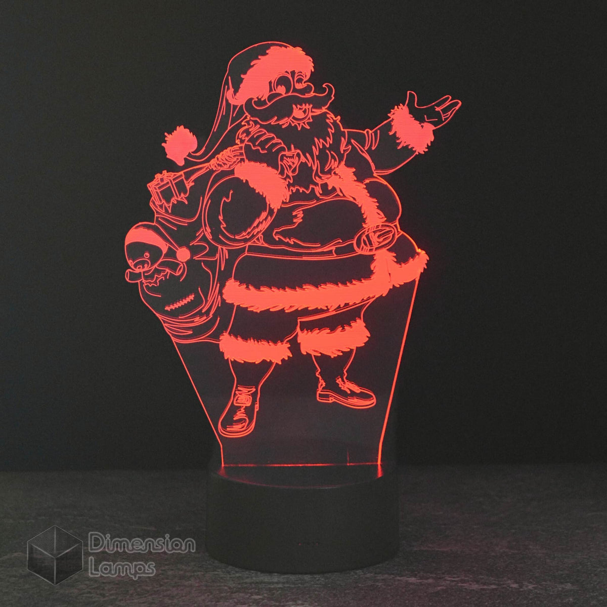 Santa Claus with toy bag 3D lamp: festive Christmas decoration. Features an illuminated Santa figure carrying a sack of gifts, adding a warm glow to holiday décor.