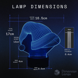 Nightlight dimensions for unique Christmas decor: Santa Hat 3D Lamp size - 16.5cm design width, 13cm design height, 17cm total height, 4cm base height, 8.5cm base width, 0.4cm acrylic thickness. 