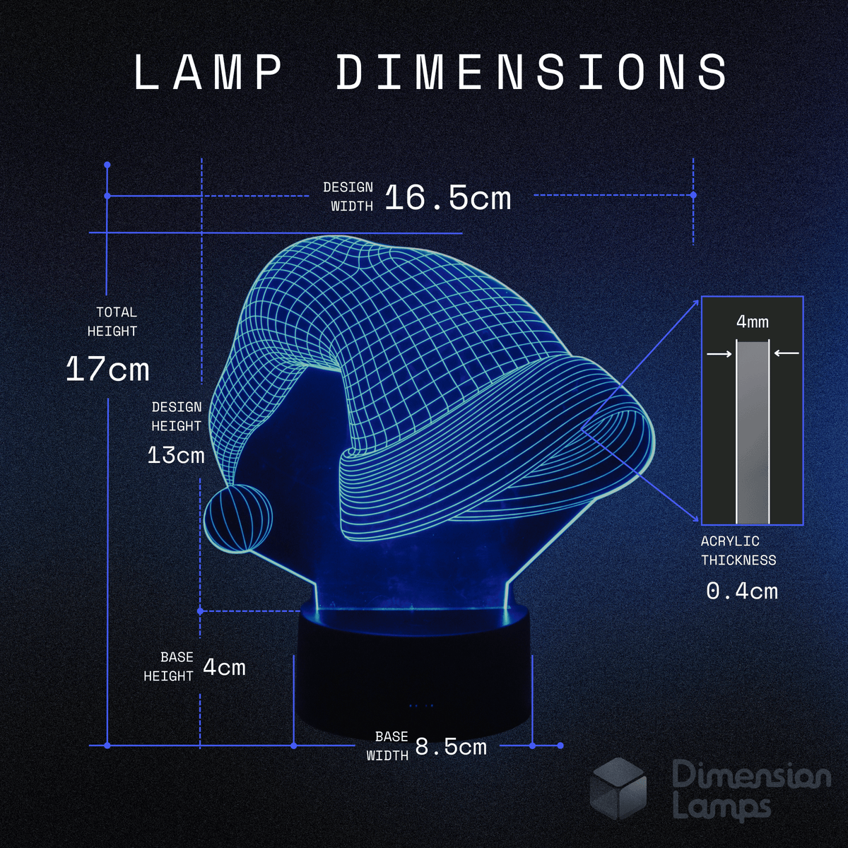 Nightlight dimensions for unique Christmas decor: Santa Hat 3D Lamp size - 16.5cm design width, 13cm design height, 17cm total height, 4cm base height, 8.5cm base width, 0.4cm acrylic thickness. 