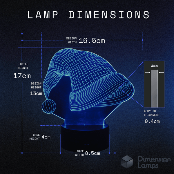 Nightlight dimensions for unique Christmas decor: Santa Hat 3D Lamp size - 16.5cm design width, 13cm design height, 17cm total height, 4cm base height, 8.5cm base width, 0.4cm acrylic thickness. 