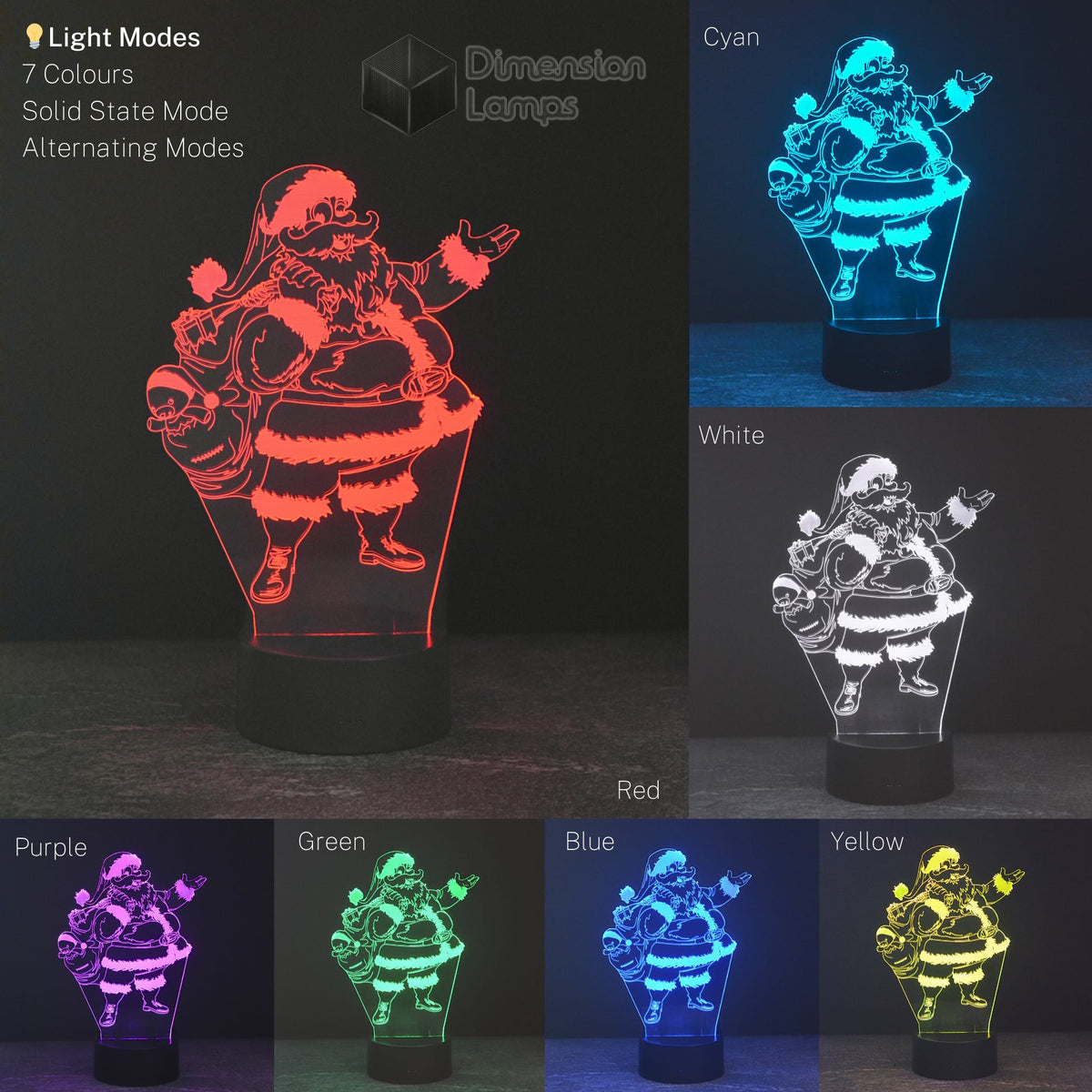 Santa Toy Bag 3D Lamp colour variations for Christmas: Featuring a collage showing the night light in red, green, blue, yellow, purple, cyan, and white. Also depicted are the solid and alternating light mode options