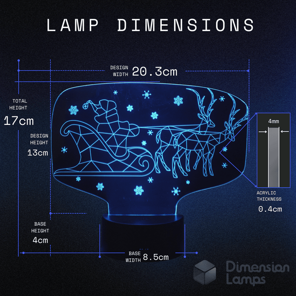 Measurements for the 3D Santa Sled illusion lamp, perfect for Christmas decoration: design width 20.3cm, total height 17cm, design height 13cm, acrylic thickness 0.4cm, base height 4cm, base width 8.5cm. 