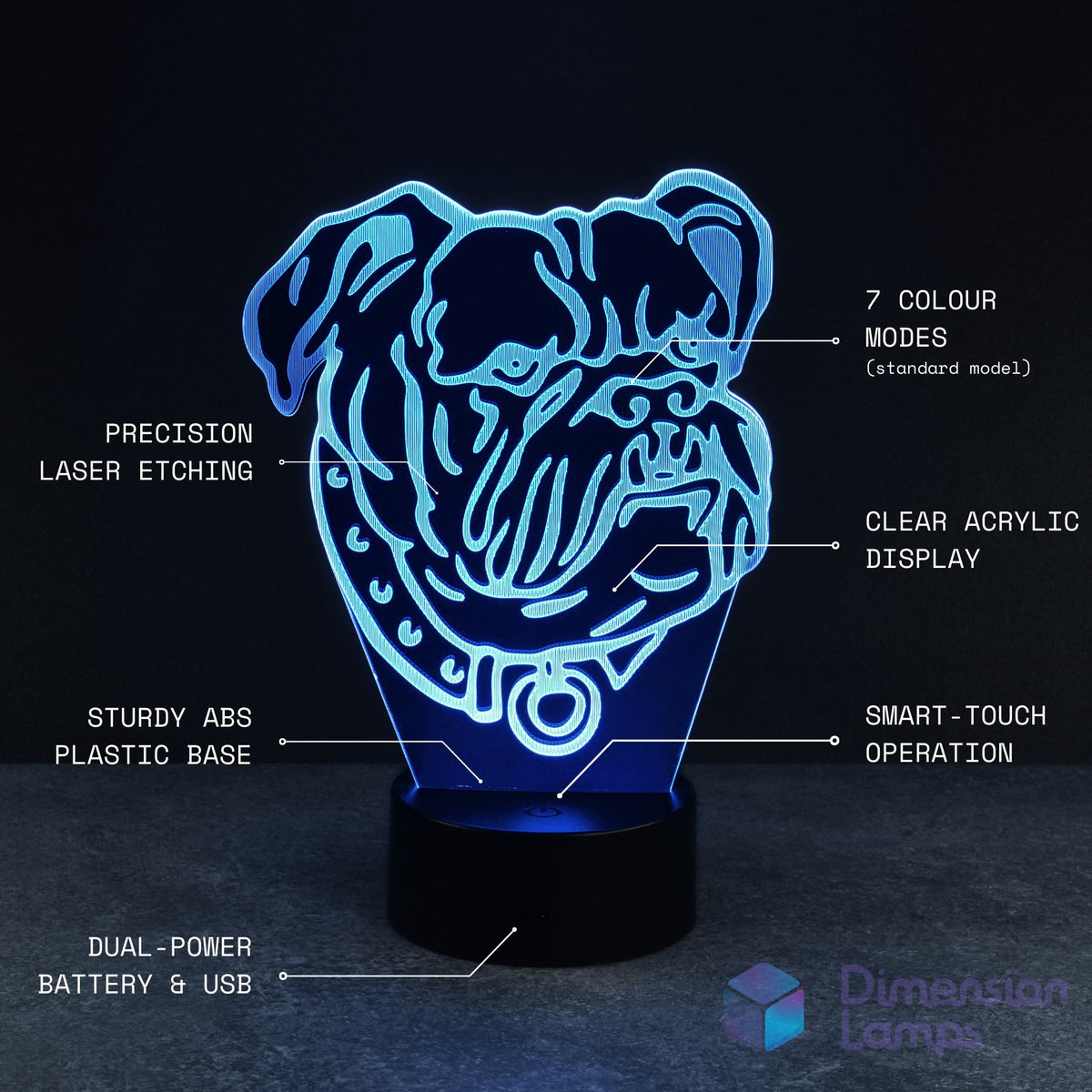 Bulldog 3d night lamps features: precision laser etching of the bulldog head and collar design, 7 colour modes, clear acrylic display, sturdy ABS plastic base, smart-touch operation, and dual power via battery or USB. A thoughtful gift idea for dog lovers.
